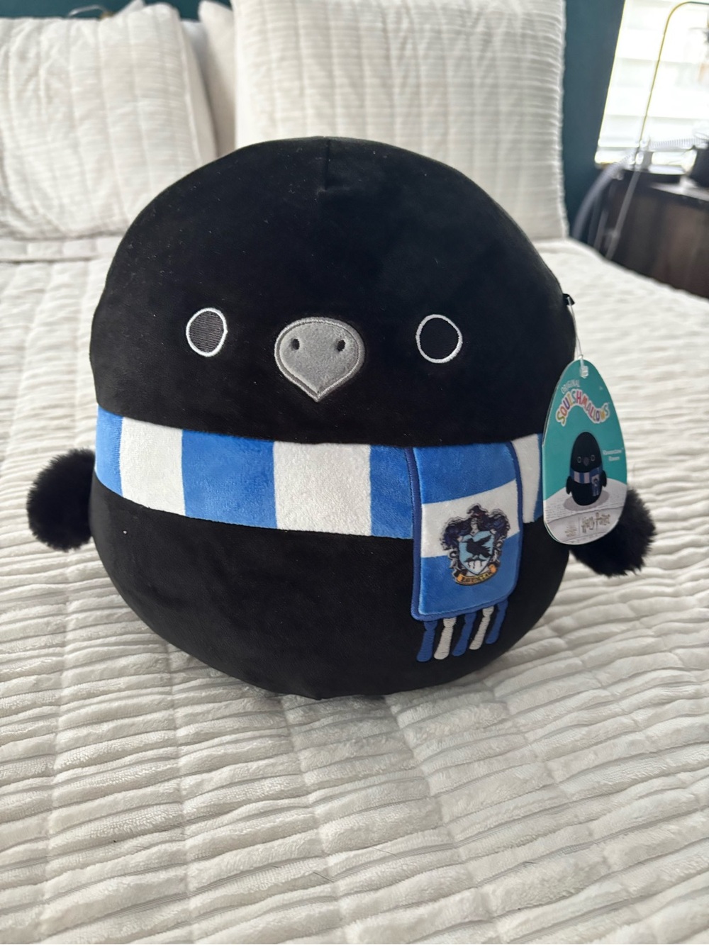 Squishmallows Black Plush Bird with Blue & White Scarf Ravenclaw